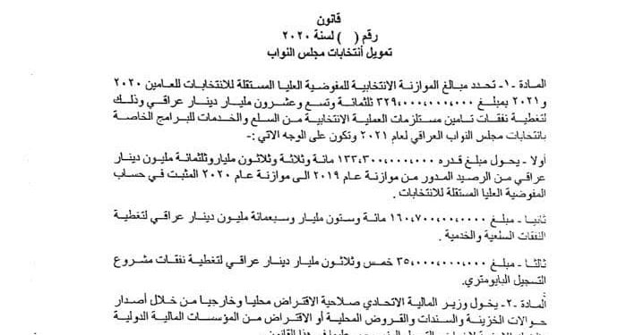 نص قانون تمويل الانتخابات المقدم من المفوضية العليا للانتخابات.