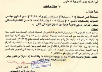 توجيه سؤالا من قبل نائب للخارجية بشأن تأجير دار ضيافة للوزير الأسبق بعد انتهاء تكليفه