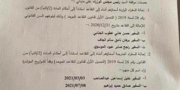 تمديد خدمات 3 سفراء واحالة 6 سفراء الى التقاعد