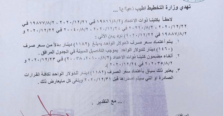 اعتماد سعر الصرف السابق للدولار،( لأغراض حسابية تتعلق بالمشاريع الاستثمارية حصرا لغاية ٣١-١٢-٢٠٢٠)