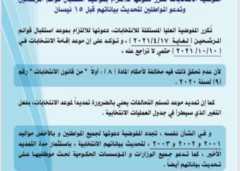 مفوضية الانتخابات تجدد دعوتها ,, سارعوا الى المراجعة قبل 15 نيسان