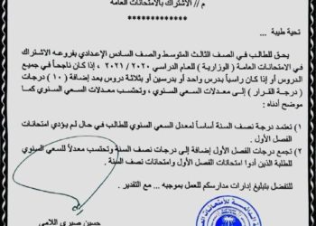 التربية تنشر آليات اشتراك طلبة الثالث المتوسط والسادس الاعدادي بالامتحانات العامة الوزارية للعام الدراسي ٢٠٢٠-٢٠٢١ ( وثيقة )