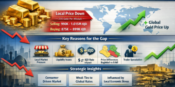 تراجع سعر الذهب في العراق رغم صعوده عالمياً… مفارقة السوق المحلي تعكس ضغوط السيولة والتذبذب النقدي