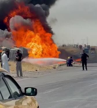 حريق كبير بعد انقلاب صهريج على سريع الشعلة